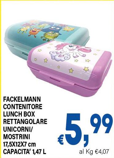 Contenitore lunch box rettangolare unicorni/mostrini 17,5x12x7 cm capacità 1,47 L