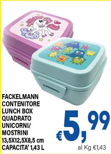 Contenitore lunch box quadrato unicorni/mostrini 13,5x12,5x8,5 cm capacità 1,43 L
