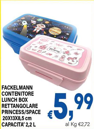Contenitore lunch box rettangolare Princess/Space 20x13x8,5 cm capacità 2,2 L