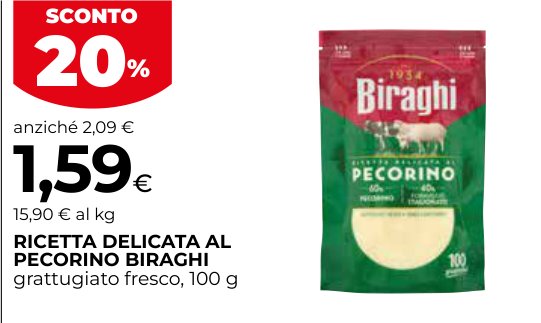 Ricetta delicata al pecorino Biraghi, grattugiato fresco, 100 g