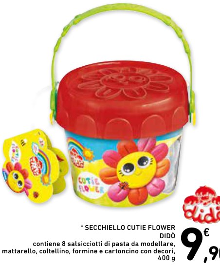 Secchiello Cutie Flower Didò, contiene 8 salsicciotti di pasta da modellare, mattarello, coltellino, formine e cartoncino con decori, 400 g