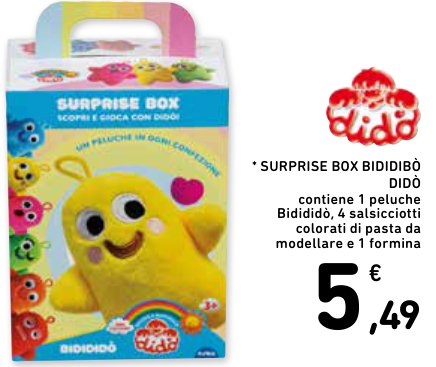 Surprise Box Bidibidò Didò, contiene 1 peluche Bidibidò, 4 salsicciotti colorati di pasta da modellare e 1 formina