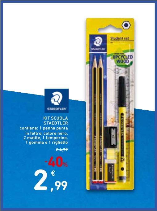 Kit scuola Staedtler contiene: 1 penna a punta in feltro, colore nero, 2 matite, 1 temperino, 1 gomma e 1 righello