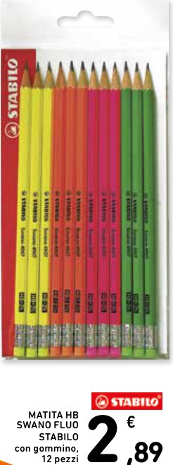 Matita HB Swano Fluo Stabilo con gommino, 12 pezzi
