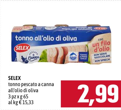 Selex Tonno pescato a canna all'olio di oliva 3 pezzi x 65 g