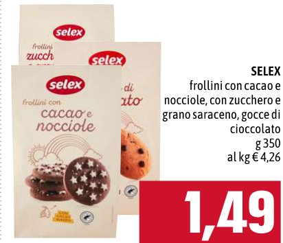 Selex Frollini con cacao e nocciole, con zucchero e grano saraceno, gocce di cioccolato g 350
