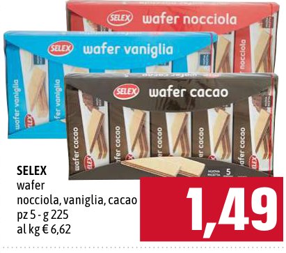 Selex Wafer nocciola, vaniglia e cacao, 5 pezzi, 225 g