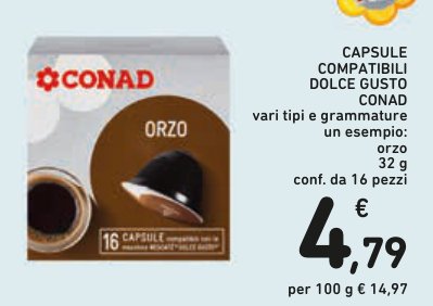 Capsule compatibili Dolce Gusto Conad Orzo 32 g, confezione da 16 pezzi