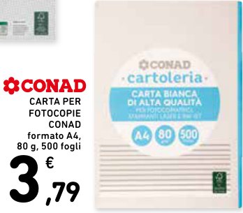 Carta per fotocopie Conad Carta Bianca di alta qualità, formato A4, 80 g, 500 fogli