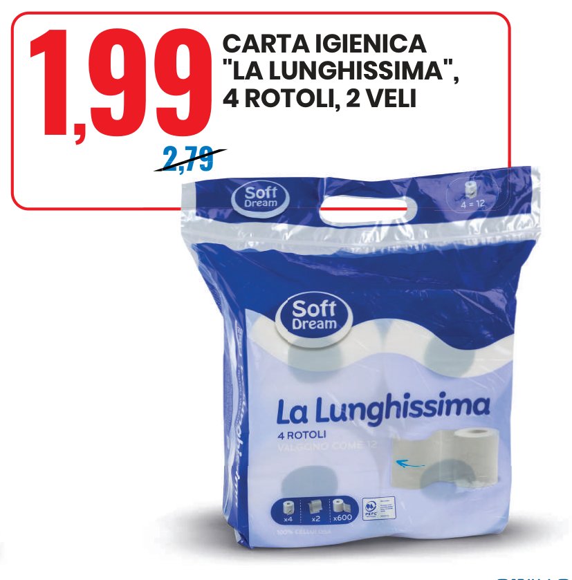 Carta igienica "La Lunghissima", 4 rotoli, 2 veli