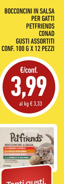 Bocconcini in salsa per gatti Petfriends Conad, gusti assortiti, conf. 100 g x 12 pezzi