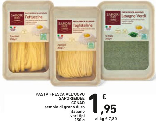 Pasta fresca all'uovo Sapori&Idee Conad, semola di grano duro italiano, vari tipi, 250 g