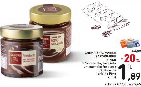 Crema spalmabile 50% nocciole, fondente, un esempio: fondente 35% cacao origine Perù 200 g