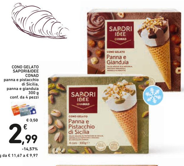 Cono gelato Sapori&Idee Conad panna e pistacchio di Sicilia, panna e gianduia 300 g, confezione da 4 pezzi