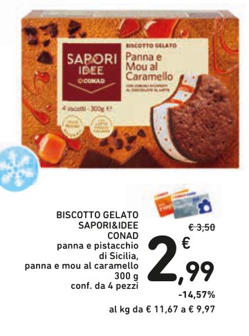 Biscotto gelato Sapori&Idee Conad panna e pistacchio di Sicilia, panna e mou al caramello 300 g, confezione da 4 pezzi