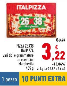 Pizza 26x38, vari tipi e grammature, esempio Margherita 485 g