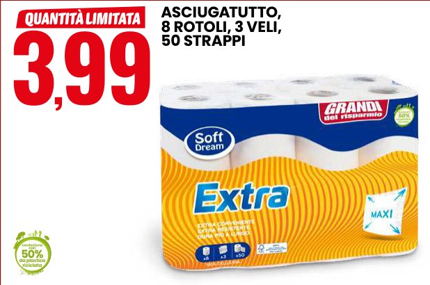 Asciugatutto Extra, 8 rotoli, 3 veli, 50 strappi