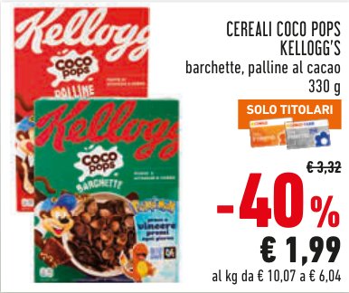 Cereali Coco Pops Kellogg's, barchette e palline al cacao, 330 g