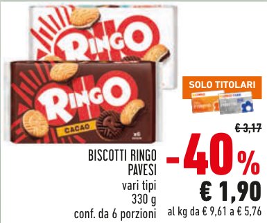 Biscotti Ringo Pavesi, vari tipi, 330 g, confezione da 6 porzioni