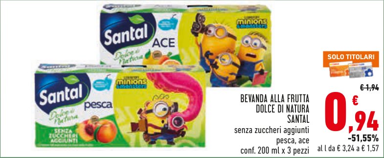 Bevanda alla frutta dolcificata Santal, senza zuccheri aggiunti, pesca e ACE, 200 ml x 3 pezzi