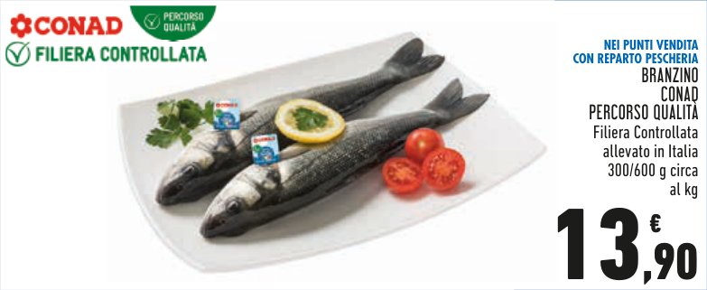 Branzino Conad Percorso Qualità, filiera controllata, allevato in Italia 300/600 g circa