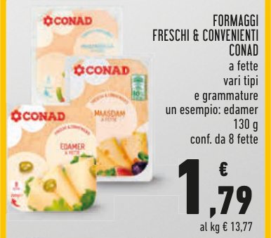 Formaggi freschi a fette, vari tipi e grammature, esempio Edamer 130 g, confezione da 8 fette