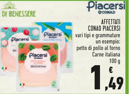 Affettati Conad Piacersi, vari tipi e grammature, petto di pollo al forno, 100 g