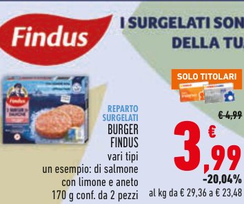 Burger Findus, vari tipi, 170 g confezione da 2 pezzi