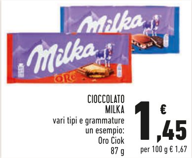 Cioccolato Milka, vari tipi e grammature, esempio Oro Ciok 87 g