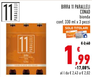 Birra 11 Paralleli Conad bionda, conf. 330 ml x 3 pezzi