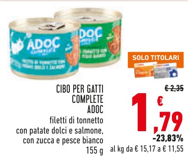 Cibo per gatti Complete Adoc, filetti di tonnetto con patate dolci e salmone, con zucca e pesce bianco, 155 g