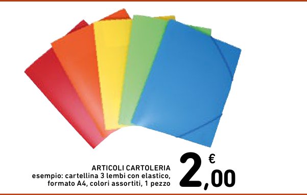 Articoli cartoleria, esempio: cartellina 3 lembi con elastico, formato A4, colori assortiti, 1 pezzo