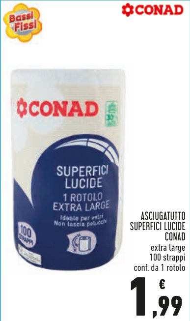 Asciugatutto superfici lucide Conad, extra large, 100 strappi, confezione da 1 rotolo