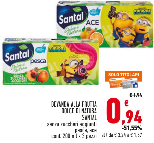 Bevanda alla frutta Dolce Natura Santal pesca e ACE, confezione da 3 pezzi da 200 ml
