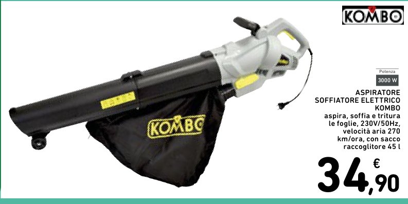 Aspiratore soffiatore elettrico Kombo, aspira, soffia e tritura le foglie, 230V/50Hz, velocità aria 270 km/ora, con sacco raccoglitore 45 l