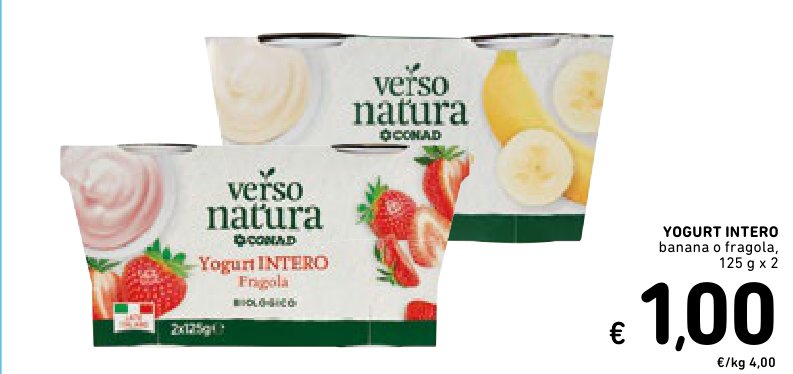 Yogurt intero, banana o fragola, 125 g x 2