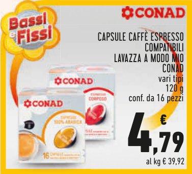 Capsule caffè espresso compatibili Lavazza A Modo Mio Conad vari tipi 120 g, confezione da 16 pezzi