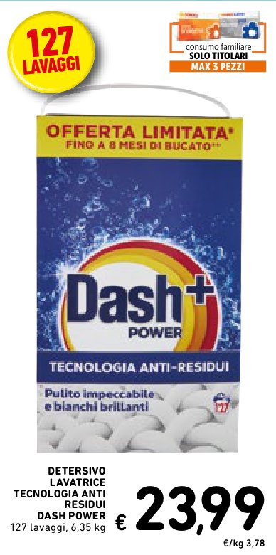 Detersivo lavatrice tecnologia anti-residui Dash Power, 127 lavaggi, 6,35 kg
