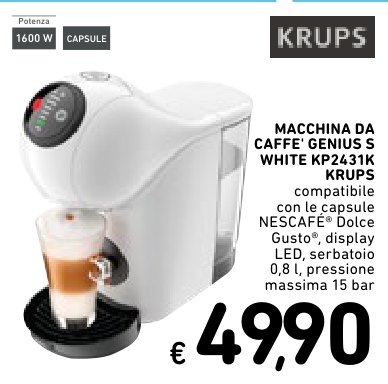 Macchina da caffè Genus S White KP2431K, compatibile con capsule Nescafé Dolce Gusto