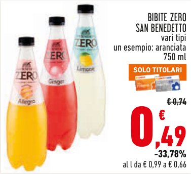 Bibite Zero San Benedetto vari tipi, un esempio: aranciata 750 ml