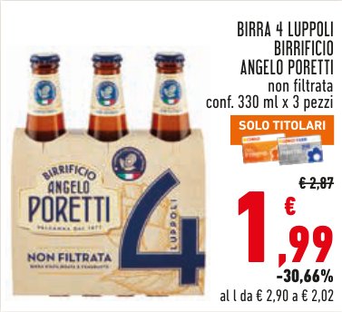 Birra 4 Luppoli non filtrata Birrificio Angelo Poretti conf. 330 ml x 3 pezzi