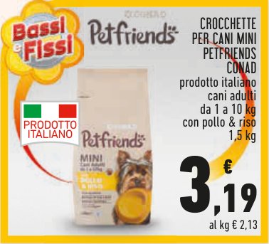 Crocchette per cani mini Petfriends con pollo e riso, 1,5 kg