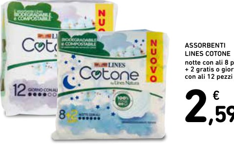 Assorbenti Lines Cotone notte con ali, 8 pezzi + 2 gratis o giorno con ali, 12 pezzi