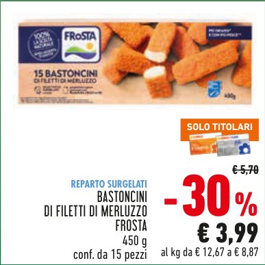 Bastoncini di filetti di merluzzo, confezione da 15 pezzi, 450 g