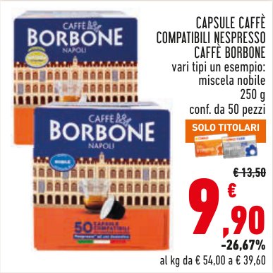 Capsule caffè compatibili Nespresso Caffè Borbone, vari tipi, miscela nobile 250 g, confezione da 50 pezzi