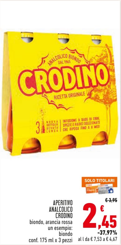 Aperitivo analcolico Crodino, biondo o arancia rossa, confezione da 3 pezzi