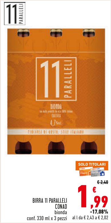 Birra 11 Paralleli Conad bionda, confezione da 3 pezzi