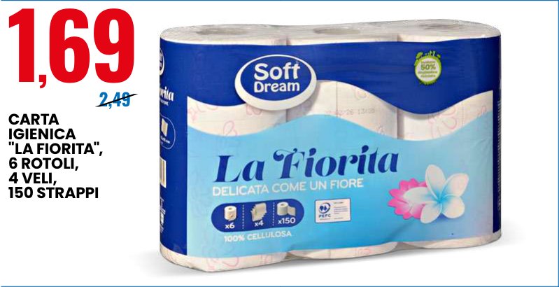 Carta igienica La Fiorita, 6 rotoli, 4 veli, 150 strappi