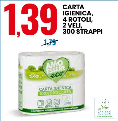 Carta Igienica, 4 Rotoli, 2 Veli, 300 Strappi