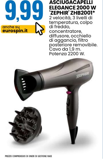 Asciugacapelli Elegance 2000 W Zephir ZHB2001